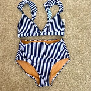 J.Crew striped ruffle shoulder V neck bikini top & high waisted bottom